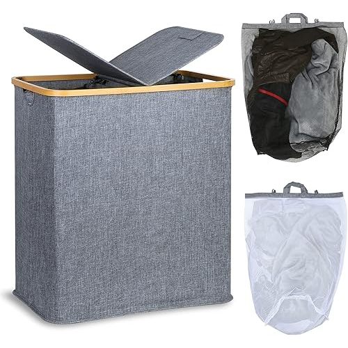 efluky Laundry Hamper with Lid, Double Laundry Hamper with 2 Removable Bags, 2 Section Laundry Basket with Bamboo Handles for Bathroom, Bedroom & Laundry Room, 140L (36.9 Gallon) Blue Grey