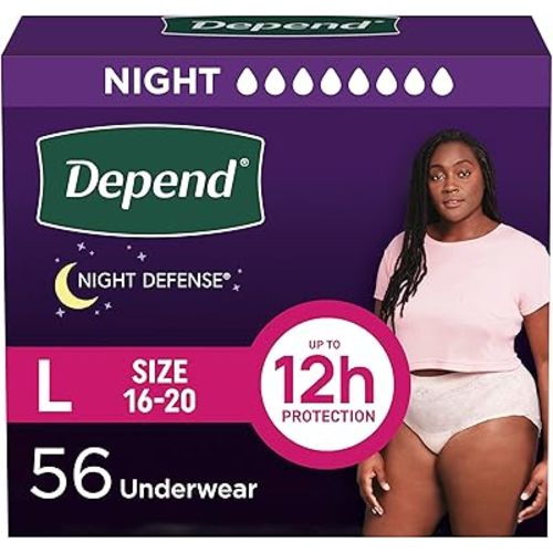 Depend Night Defense Adult Diapers, Incontinence & Postpartum Bladder Leak Underwear for Women, Disposable, Overnight, Large, Blush, 56 Count (4 Packs of 14), Packaging May Vary