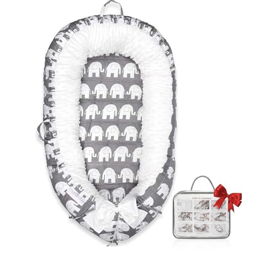 JOCUTE Baby Lounger, Ultra Soft 100% Cotton & Breathable Fiberfill Newborn Lounger, Portable Adjustable Infant Floor Seat for Travel, Newborn Must Have Essentials Baby Registry Search(Elephant)