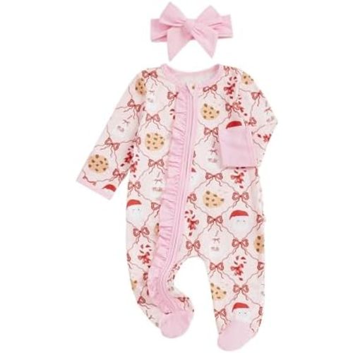 Ayalinggo Newborn Baby Romper Infant Girl One-piece Outfit Waffle Ruffle Zip Footie Spring Summer Clothes With Bow Headband