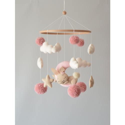 Bunny baby mobile. Pompon baby mobile. Nursery decor. Baby shower gift.