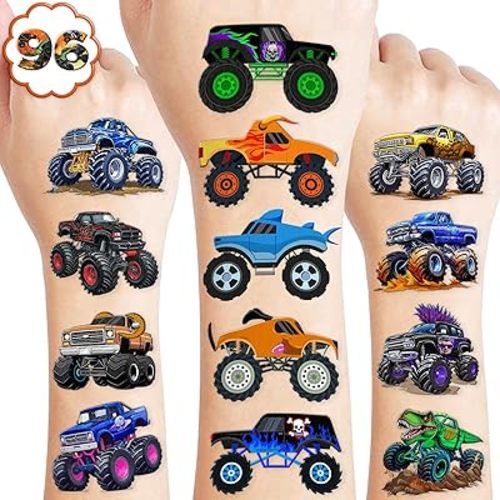 120 PCS Monster Truck Race Car Pre-Cut Temporary Tattoos for Kids | Super Cute Themed Birthday Party Favors, Supplies, Decorations, Fake Tattoo Stickers, Rewards & Gifts for Boys Girls