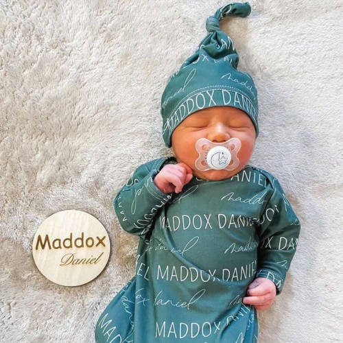 Solid Jade Personalized Newborn Baby Knot Gown + Hat