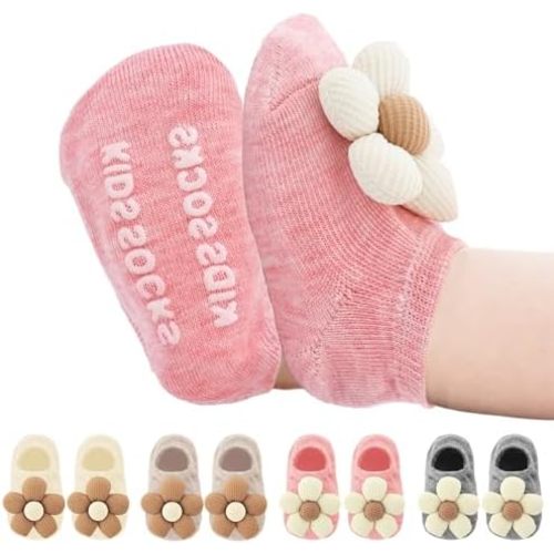4 Packs Baby Girls Socks Flower Non-slip Socks with Grips Low Cut Ankle Sock for Baby Toddler