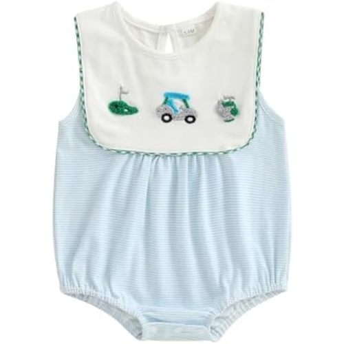 Newborn Baby Boy Golf Clothes Embroidery Sleeveless Bubble Romper Stripe Bodysuit Cute Infant One Piece Summer Outfit