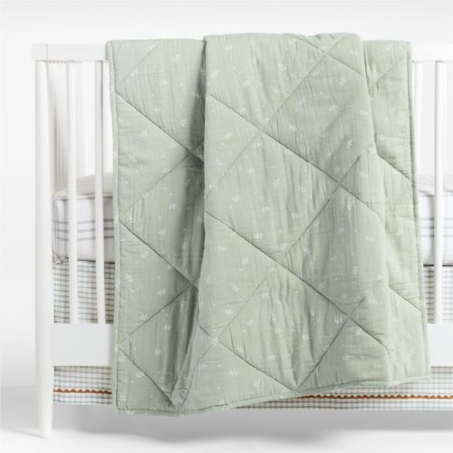 Supersoft Muted Teal Leaf Print Organic Cotton Gauze Baby Crib Quilt