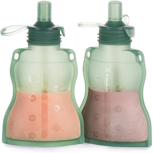 haakaa Silicone Refillable Squeezy Baby Food Yummy Pouch Homemade Organic Food for Babies/Toddlers/Kids, 2 Pack 4 oz, Pea Green