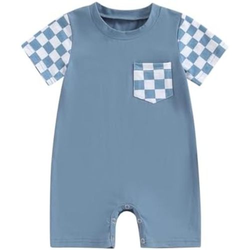 Karuedoo Newborn Baby Boy Girl Clothes Checkered Plaid Romper Jumpsuit Short Sleeve One-Piece Bodysuit Infant Summer Outfit