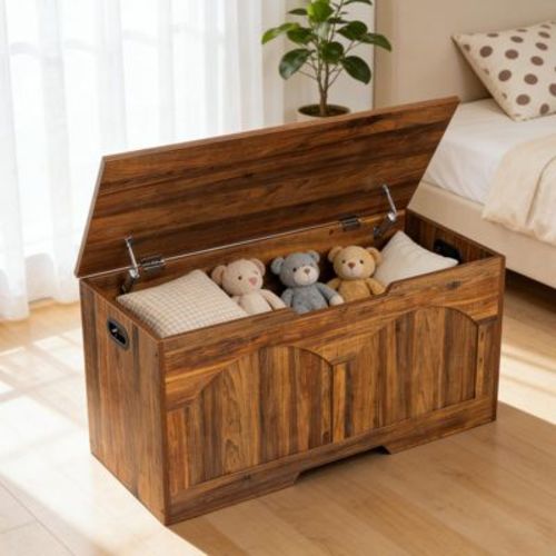 Brown 39.3" Retro Wooden Storage Bench, Heavy-Duty Toy Box Chest with Safety Hinges & 300 lb Capacity for Entryway