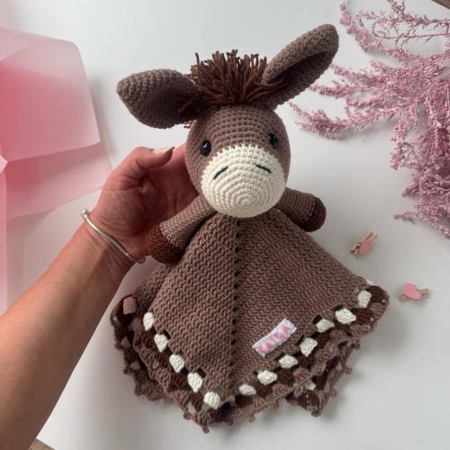 Personalized Mule snuggler plush, donkey baby comforter, Mule security blanket, Brown gray burro plushie, First baby toy, Baby shower gift