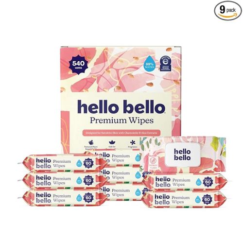 Hello Bello Premium Baby Wipes for Sensitive Skin, Hypoallergenic, Fragrance-Free, 99% Water with Chamomile & Aloe, Multi-Use, Rosy Posy, 9 Resealable Packets, 540 Wipes