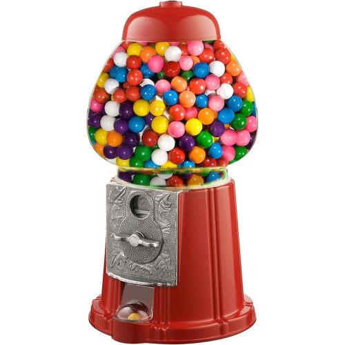 Vintage Gumball Machine - 11-Inch Retro-Style, Coin-Operated Cast Metal Vending Machine with Glass Globe and Free Spin by Great Northern Popcorn (Red)