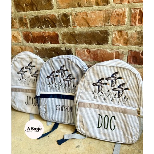 Embroidered Seersucker backpack - mallard ducks - swamp - kids backpack - diaper bag - adult backpack - embroidered backpack - embroidery