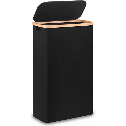 60L Slim Laundry Hamper,Laundry Basket with Lid,Tall Hamper for Laundry,Dirty Cloth Hamper with Bamboo Handle for Toys,Towels, Clothes Organizing,Black