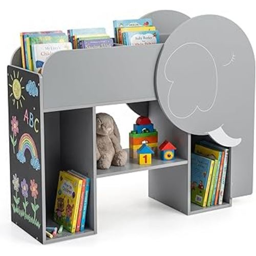 Costzon Elephant Kids Bookshelf, 3-Tier Toddler Toy Storage Organizer w/Chalkboard, 5 Cubbies and 3-Row Abacus Toy, Montessori Bookshelf for Kids Room, Nursery, Classroom, Playroom