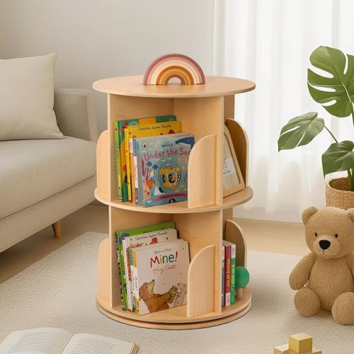OOOK 2 Tier Rotating Bookshelf, Small Corner Bookshelf Floor Standing Wooden Narrow Bookcase Organizer for Kidsroom, Bedroom, Living Room