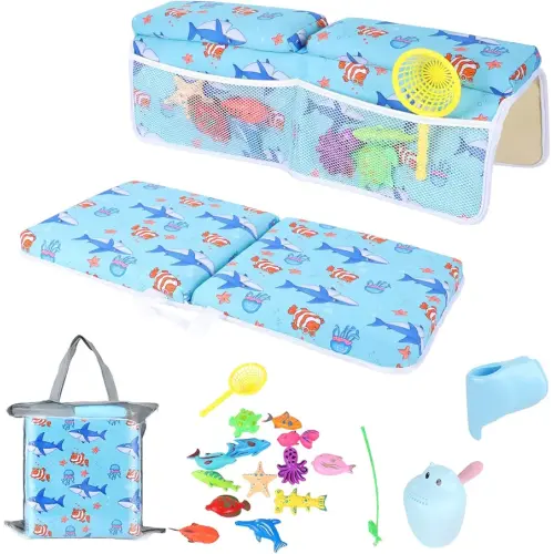 Baby Bath Kneeler and Elbow Rest Pad Set, Bath Kneeler Pad with Memory Foam, Arm Rest with Bath Toys Organizer Shower Cap Shield Non-Slip Baby Bath Essential Set with Bath Toys Rinse Cup Spout Cover