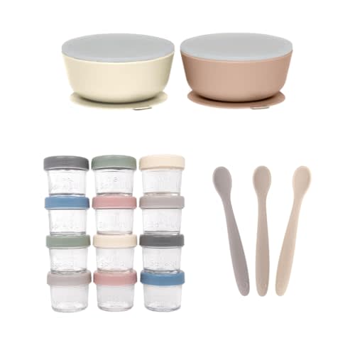 WeeSprout Baby Feeding Bundle - Glass Food Storage Jars - 2 Silicone Suction Bowls - 3 Soft-Tip Baby Spoons - Microwave & Dishwasher Safe - Infant to Toddler Mealtime Kit