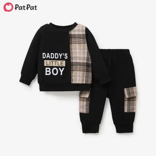 PatPat 2pcs Baby Boy Cotton Letters Print Plaid Panel Long-sleeve - TikTok Shop