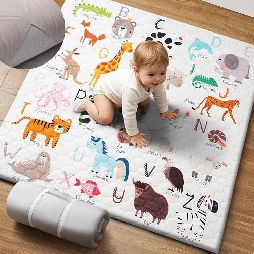 Miloey 2-in-1 Baby Play Mat Indoor & Outdoor, 50x50in Thick Foam Playpen Mat with Waterproof Removable Cover, Non-Slip Soft Crawling Floor Mat for Infants, Toddlers, Travel, Picnic & Camping, Alphabet