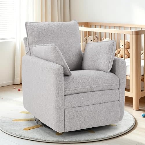 CANMOV Swivel Rocker Recliner Chair, Teddy Upholstered Nursery Glider Chair, Manual Reclining Chair with Two Removable Pillows for Living Room (Light Gray)