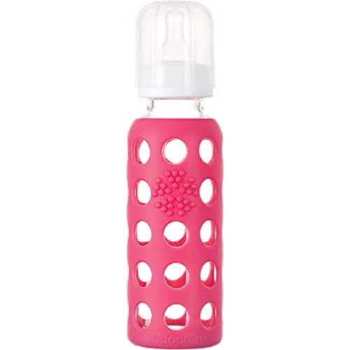Lifefactory 9-Ounce Glass Baby Bottle with Stage 2 Nipple and Protective Silicone Sleeve Raspberry