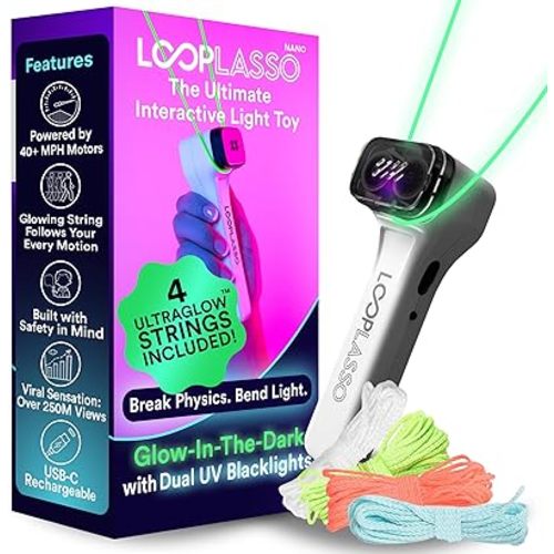 Loop Lasso® Nano - The Original Glow-in-The-Dark String Shooter Toy - Built-in UV Blacklight - Fidget Toy Gadget - Music Festival Rave Dance Accessory
