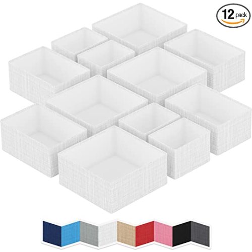 NEATERIZE Drawer Organizer For Clothing (Set Of 12) - Closet Organizer and Storage Divider Baskets For Clothes Dresser, Makeup, Bathroom | Organize Underwear, Socks, Bra, & Tie’s (White Grey) - 12 Baskets - White-Grey