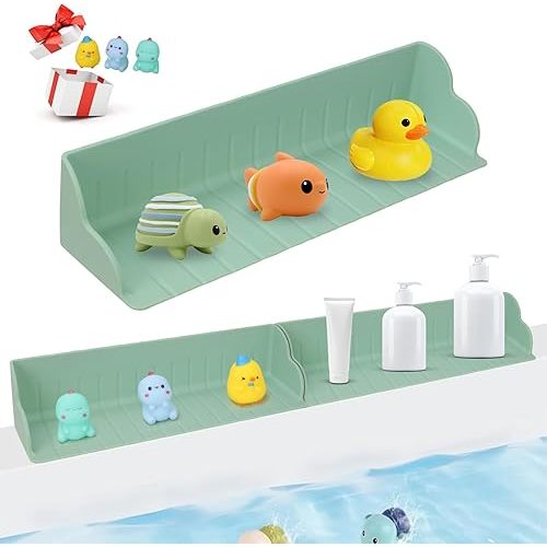 Bathtub Splash Guard for Tub Kids, 2 Pack Silicone Water Splash Guard & Tub Play Shelf with 4 Suction Cups, Bathtub Water Guards Toy Tray Caddy Holder Storage, Toddler Bath Essentials (Green)
