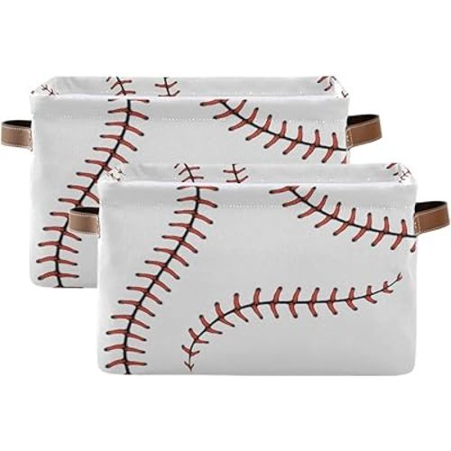 Baseball Stitches Storage Basket Bin Sport Softball Large Fabric Toys Storage Cube Box Set of 2 with Handles Collapsible Closet Shelf Cloth Organizer Basket for Nursery Bedroom Bathroom Playroom