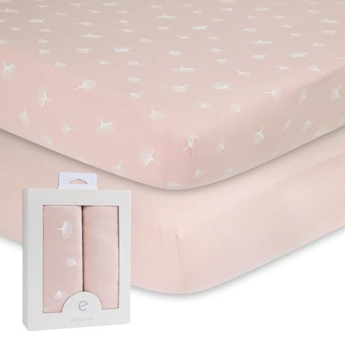 Ely’s & Co. Crib Sheet 2-Pack — Combed, 100% Jersey Cotton for Baby Girl — Rosewater Pink, Pin Dots & Gingko Leaves 52” x 28”