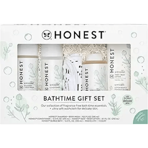 The Honest Company Fragrance-Free Bathtime Gift Set, Hypoallergenic, Bath Essentials for Sensitive Skin, Shampoo and Body Wash, Face Lotion, Bubble Bath, Conditioner, Wash Cloth