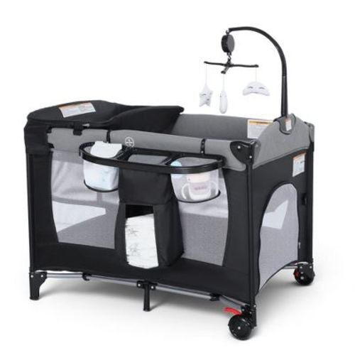 TODECARE 4 in 1 Pack and Play, Multifunction Baby Bassinet Bedside Crib, Portable Baby Nursery Playard w/Changing Table, Storage Basket, Gray