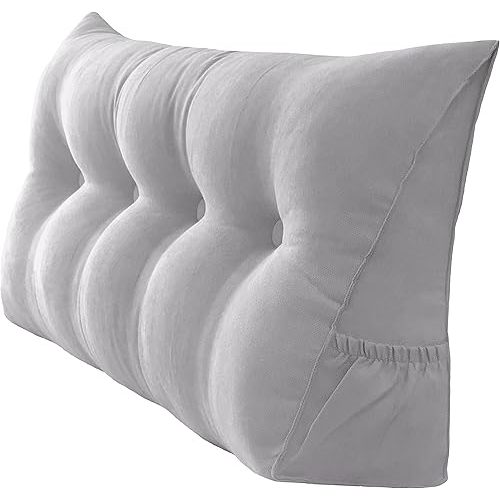 Triangular Reading Bed Rest Pillow Large Bolster Cushion Headboard Backrest Wedge Pillow with Removable Cover and Two Large Side Pockets (Chalk Grey, 47 x 8 x 20 inches)