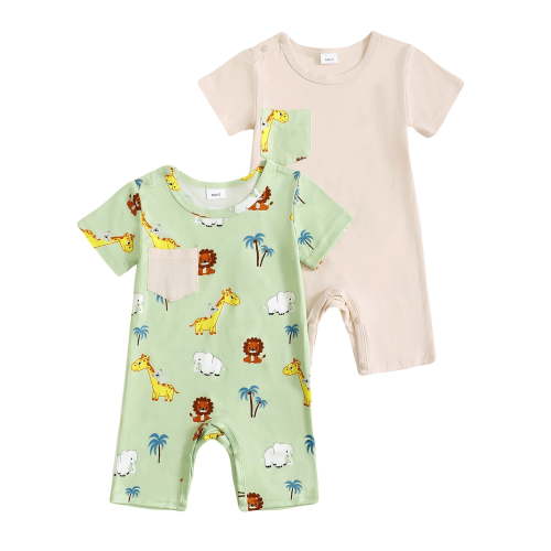Actgleam Baby Boys Short Sleeve Romper Summer Infant Onesie Unisex Newborn Baby Clothes,Light Green Zoo,3-6 Months