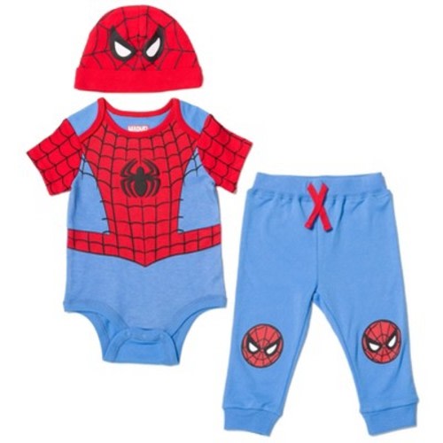 Marvel Avengers Spider-Man Newborn Baby Boys Bodysuit Pants and Hat 3 Piece Outfit Set 6-9 Months