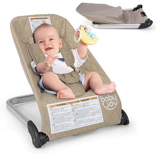 BABY JOY Baby Bouncer, Foldable Bouncer & Stationary Seat with 5-Point Safety Harness, Removable Fabric Cover, Portable Infant Bouncer Seat for Newborns Baby 0-6 Months (Beige)