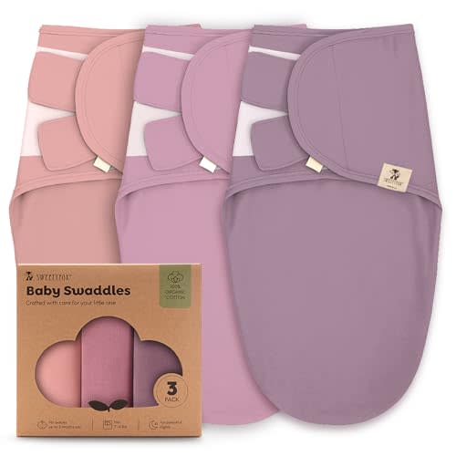 Sweety Fox 3-Pack Organic Baby Swaddle Sleep Sacks - Swaddles for Newborns, Infant 0-3 Months, Baby Girls, Boys, Soft & Snug Newborn Sleep Sack, Nursery Swaddling Blankets, Velcro Closure (Pink Blush)