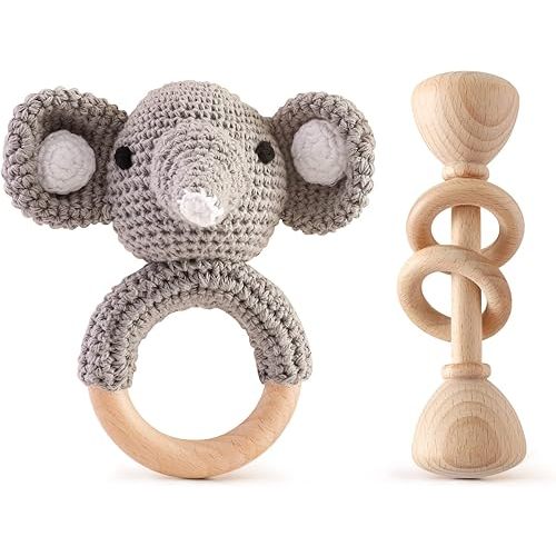 Wooden Baby Rattle Crochet Elephant and Wooden Rattle Baby Toys Set 2pcs Handmade Newborn Toy Early Development Grips Stuffed Animal Organic Rattle (Elephant Set)
