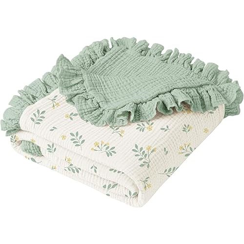 Konssy Flounce Muslin Baby Blankets, Cotton Crib Blanket for Baby Infant Toddler, Super Soft and Lightweight Nursery Blankets 40"x36" (Leafy)