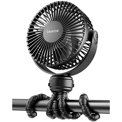 Gaiatop Mini Portable Stroller Fan, Battery Operated Small Clip on, Detachable 3 Speed Rechargeable, 360 Rotate Flexible Tripod Better Cooling for Car Seat Crib Treadmill Travel Black