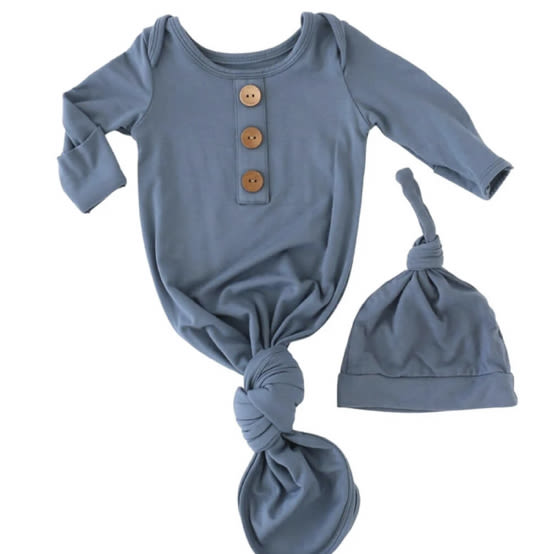 Solid Dusty Blue Bamboo Baby Knot Gown & Hat