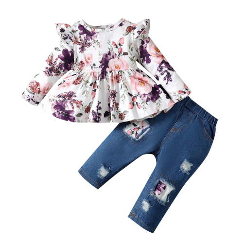 PatPat 2pcs Baby Girl Clothes Outfit Sets Floral Print Long Sleeve Top and Cotton Jeans, 6-9 Months
