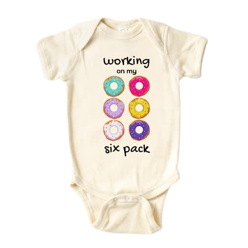 MangoHouse Donut Kids Tshirt Baby Onesie® Working On My Six Pack Baby Bodysuit Newborn Outfit Baby Shower Gift (Short Sleeve Natural, 3-6m)