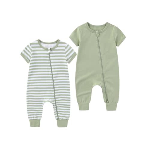 2 Pack Unisex Baby Short Sleeve Rompers 2 Way Zipper New Born One-Piece Jumpsuits 0-24Months Infant Outfits