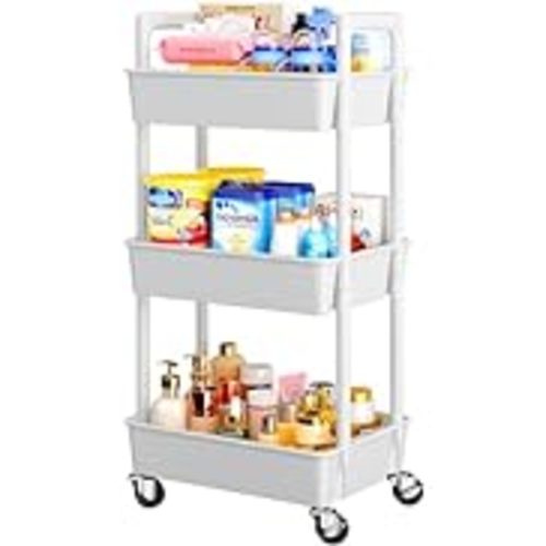 Pipishell 3 Tier Mesh Utility Cart, Rolling Metal Organization Cart with Handle and Lockable Wheels, Multifunctional Storage Shelves for Kitchen Living Room Office White