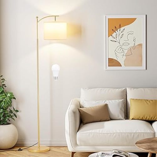 60" Floor Lamps for Living Room with 3 Color Temperatures, Adjustable White Shade with Gold Pole, Tall Lamps for Living Room Bedroom Office Classroom Dorm Room, 9W Bulb Included