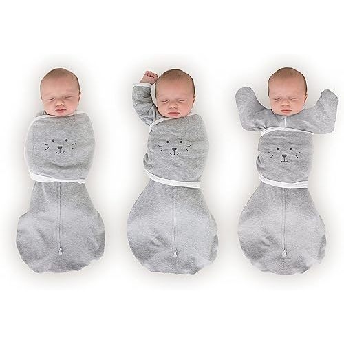 SwaddleDesigns 6-Way Omni Swaddle Sack Arms Up Swaddle for Newborn, More Options to Calm Startle Reflex, Improves Sleep, Easy Transition Baby Sleep Sack, Small, 0-3 Month, Gray, Cute Animal Face