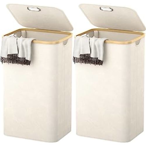 Homykic Laundry Hamper with Lid, 2-Pack 100L Each Tall Laundry Basket Collapsible with Bamboo Handles, Waterproof Large Laundry Bin Storage for Dorm, Bathroom, Bedroom, Clothing, Toys, Cream White