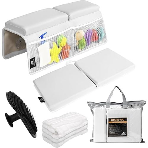 Baby Bath Kneeler & Elbow Rest Set – Extra Thick Padding for Knees & Arms | Machine Washable | Includes Bonus Washcloth & Brush | Suction Cups & Storage Pockets | Non-Slip Design